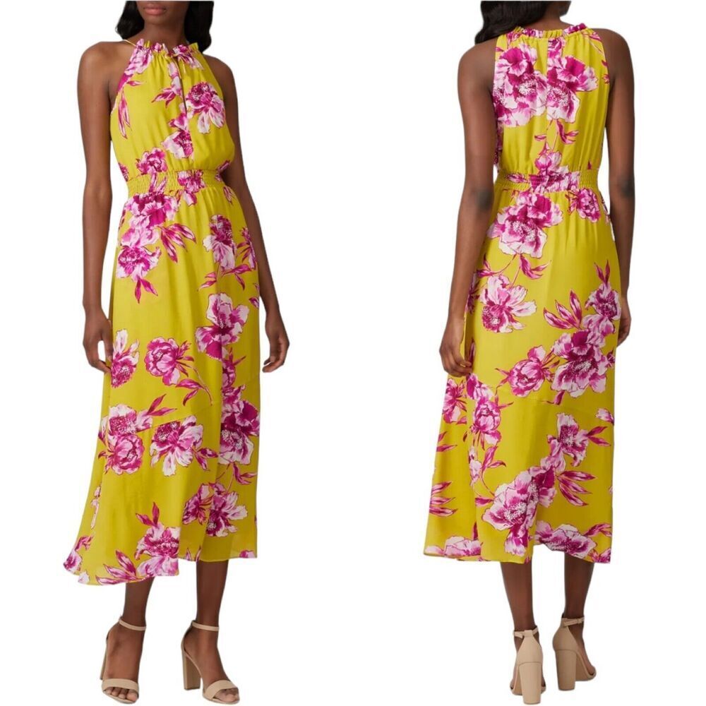 Great Jones Womens Blouson Dress Yellow Floral Lined Halter Pockets Smocked M